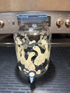 Vtg Goose Geese Drink Dispenser Sun Tea Jar Country Cottagecore Farm Heart Glass